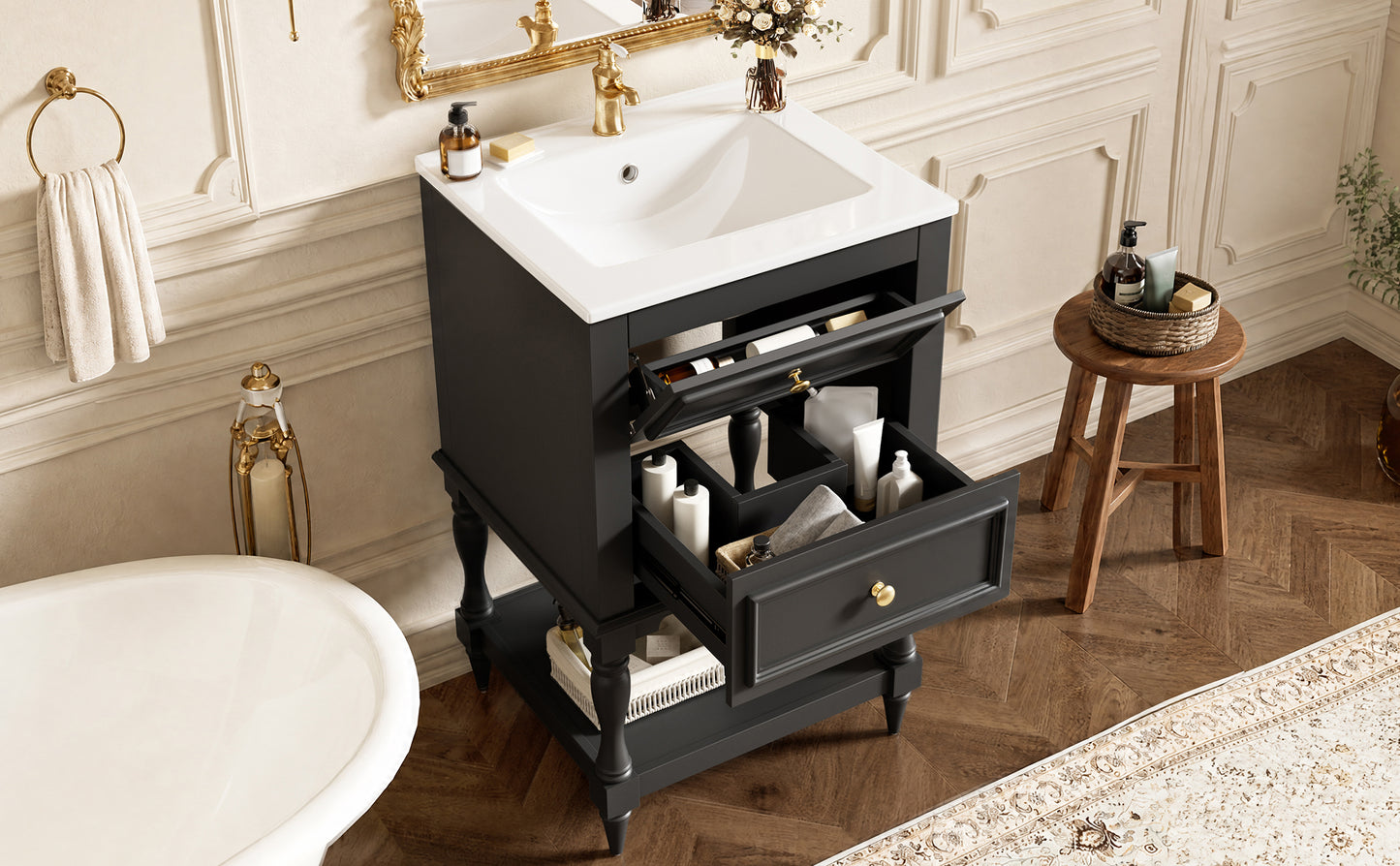 20'' Black Bathroom Vanity with Ceramic Sink & 2 Drawers