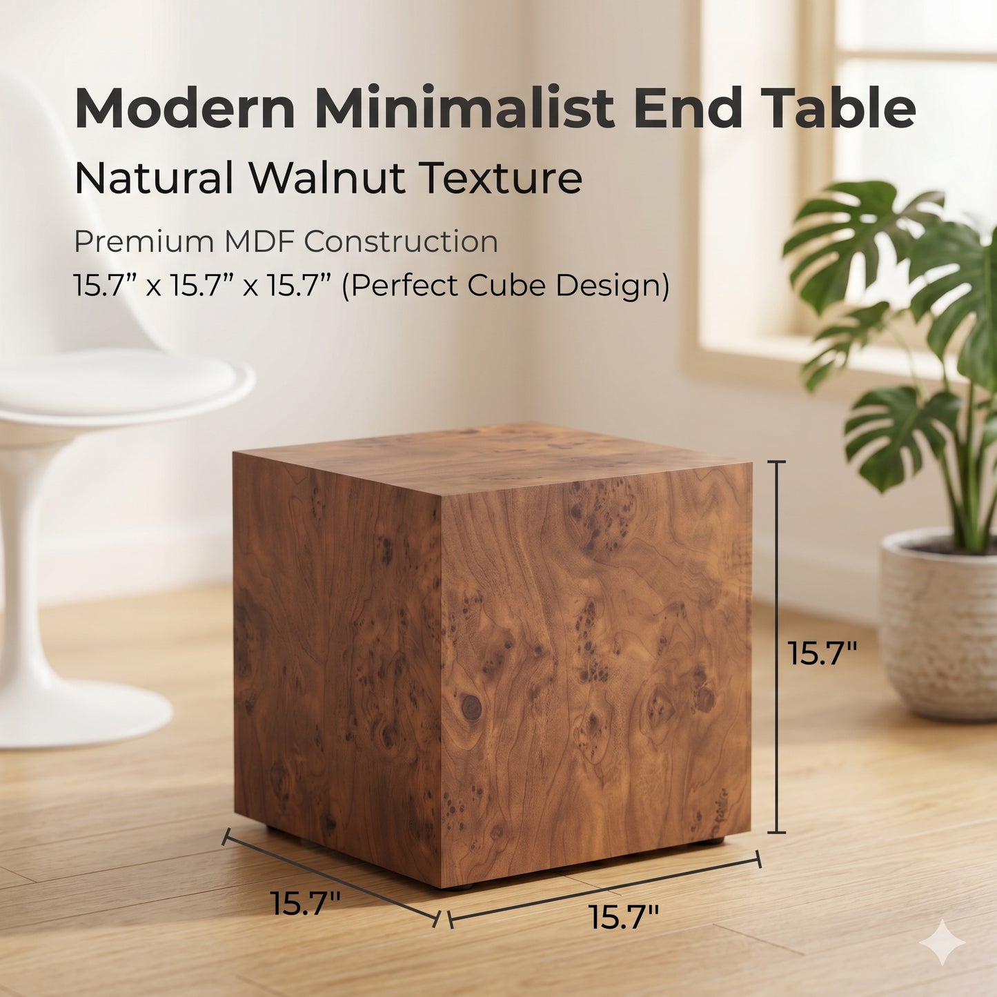 Height Adjustable Burl Walnut Veneer MDF Cube Table - 15.7"