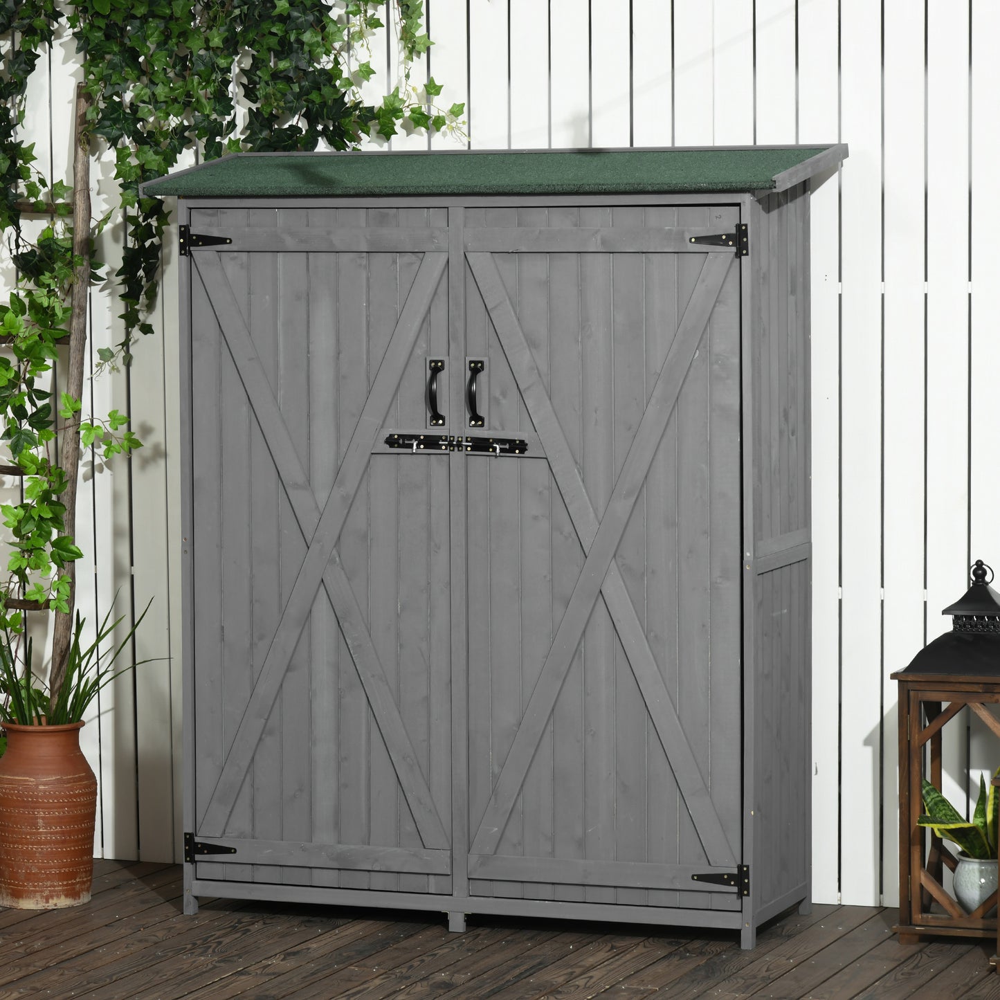 Outdoor Wooden Garden Storage Shed with Lockable Doors and Waterproof Asphalt Roof - Gray