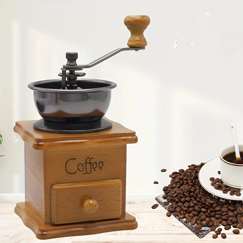 Brown Retro Solid Wood Manual Coffee Grinder with Adjustable Burrs