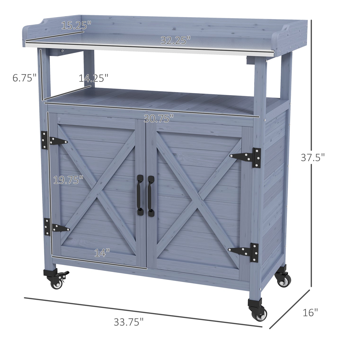 Outdoor Wooden Potting Bench with Storage Cabinet and Movable Wheels, Gray