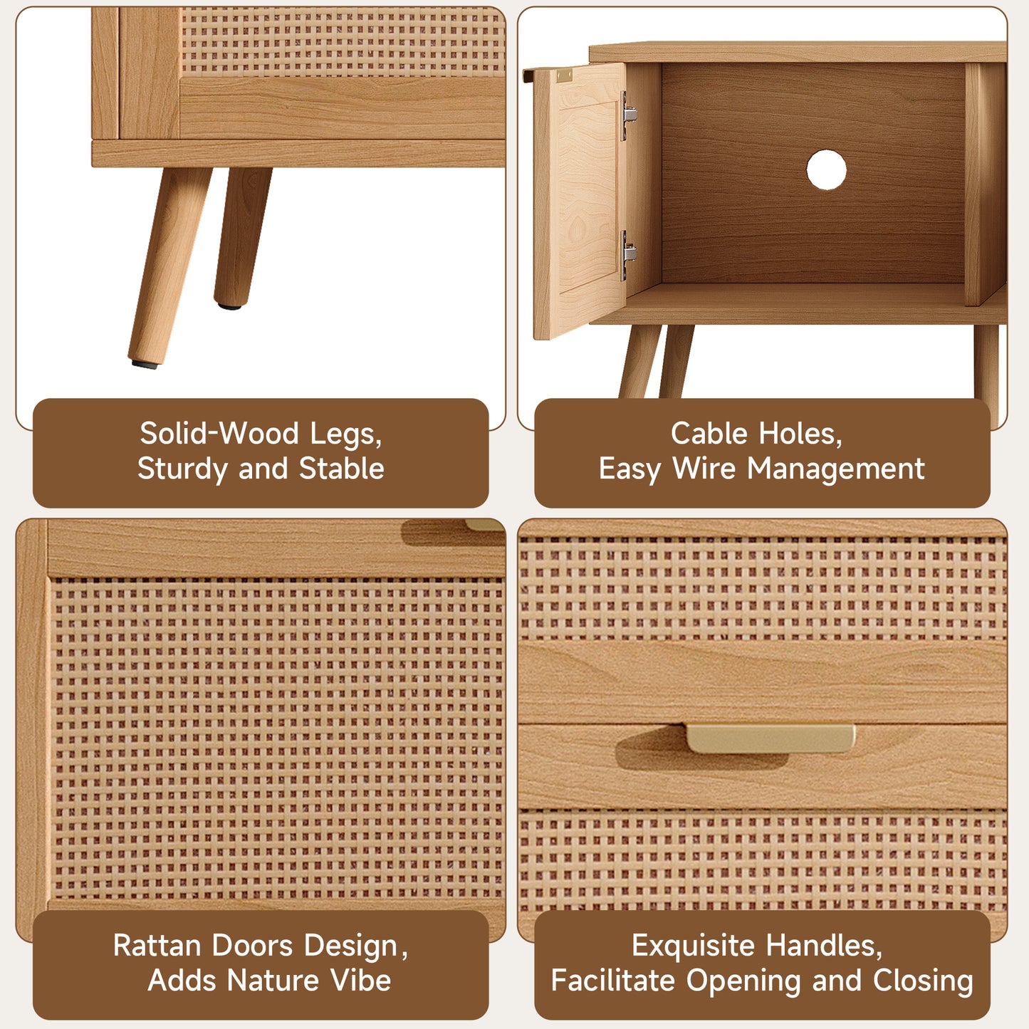 70-Inch Modern TV Stand with Rattan Doors & Storage - Natural Wood
