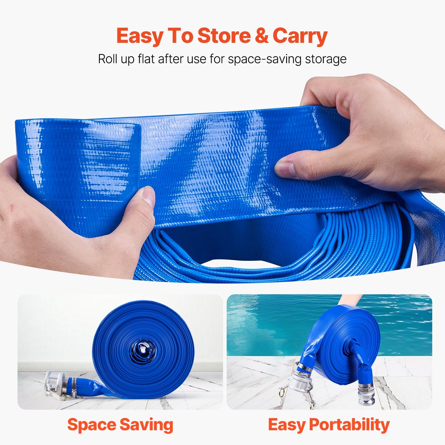 Blue Backwash Hose 2 In x 100 Ft High-Quality PVC Garden Water Hose with Fittings