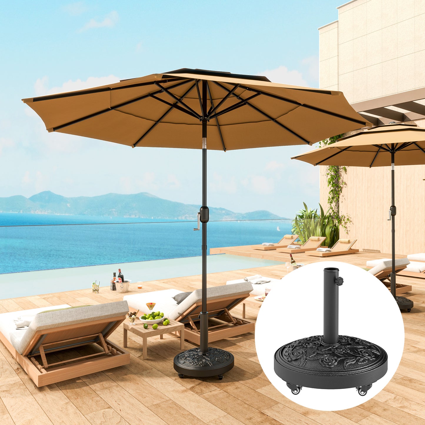 Outdoor Umbrella Base with Wheels - 46 lbs Resin Stand for 1.3" to 1.9" Poles - Black