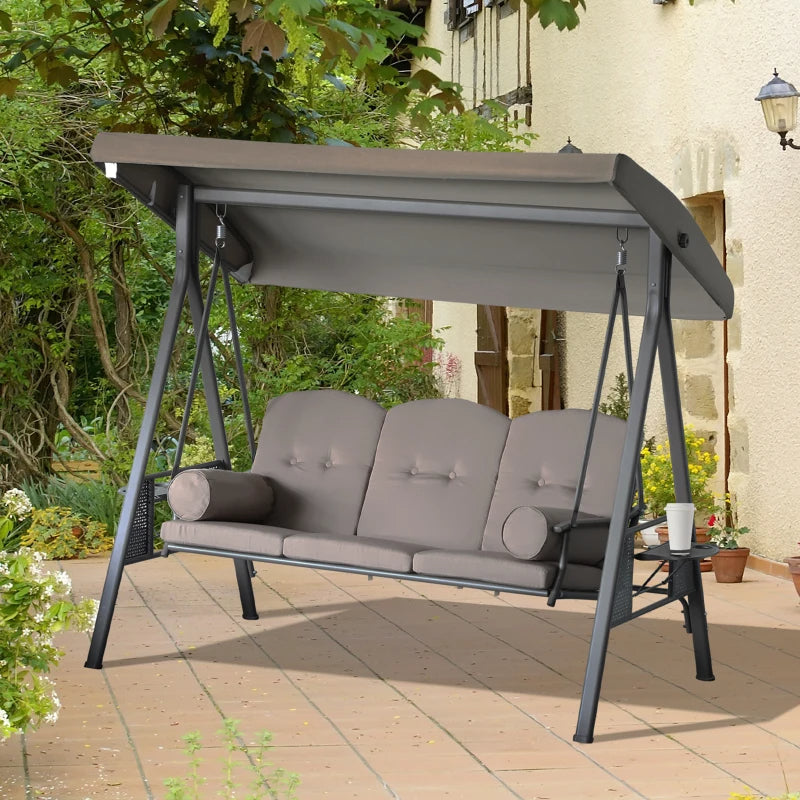 3-Seat Outdoor Patio Swing Chair with Adjustable Canopy - Brown Frame