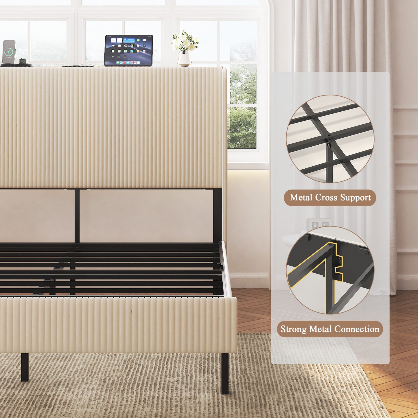 Queen Metal Platform Bed Frame with Charging Station - Beige