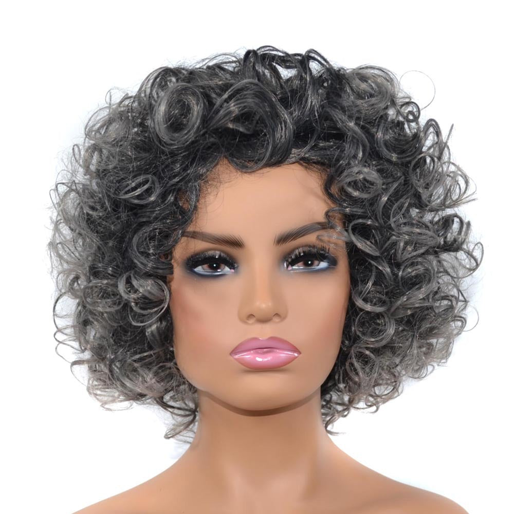 Black Gradient Grey Synthetic Wig for Women - High-Temperature Fiber, Ethnic Style, 30cm