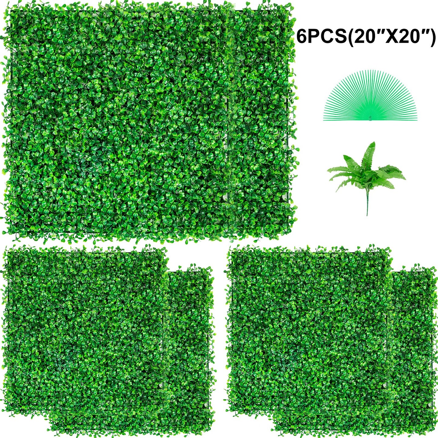 Artificial Boxwood Hedge Wall Panels - Green 6-Pack 20x20 Inches for Privacy & Decor