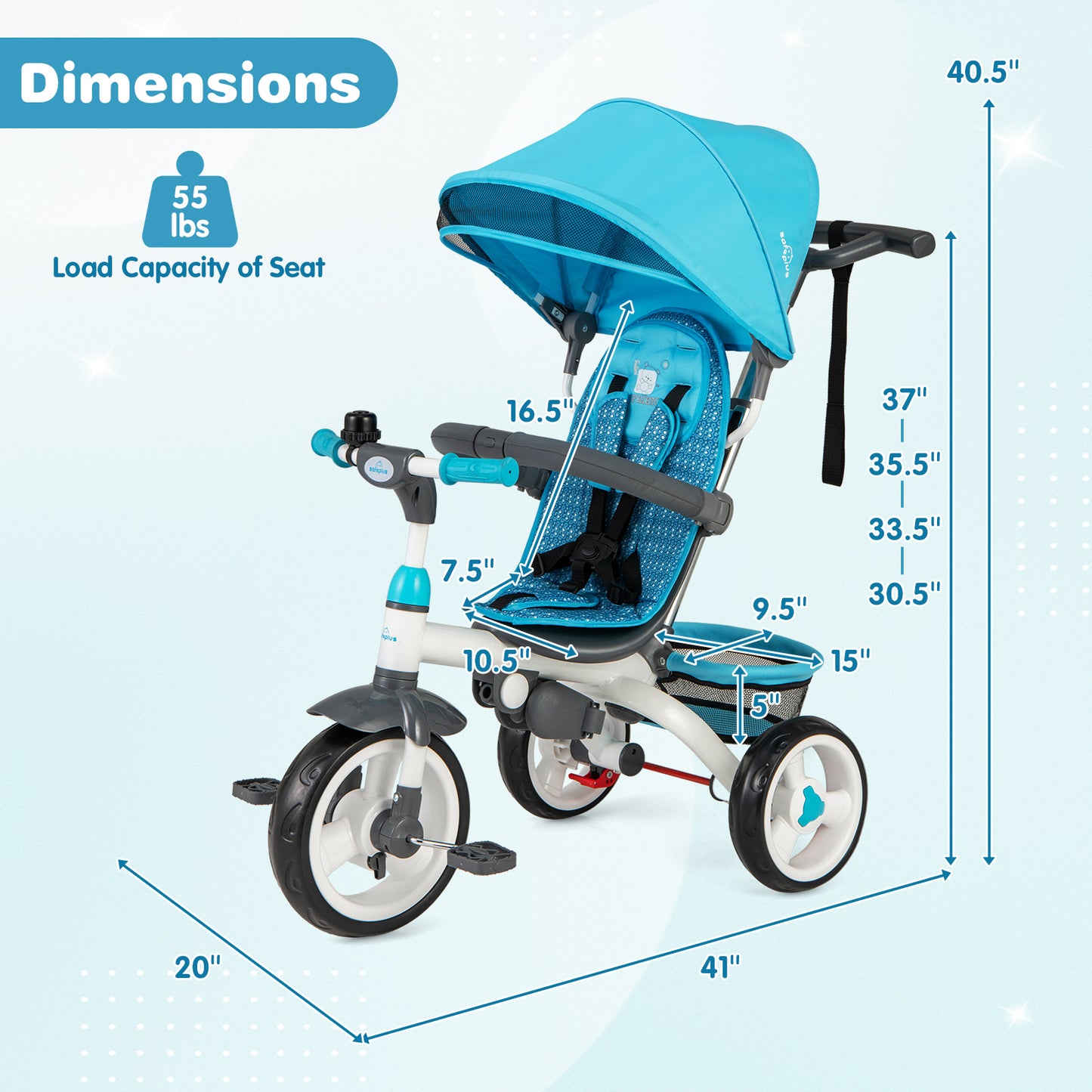5-in-1 Detachable Baby Stroller Tricycle with Canopy - Blue