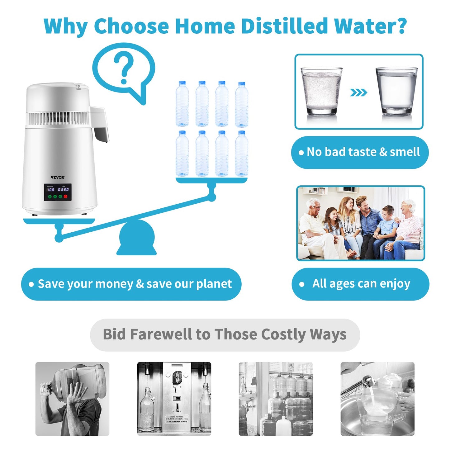 Water Distiller 1.1 Gal/Hour Countertop Machine with Temp Display - White