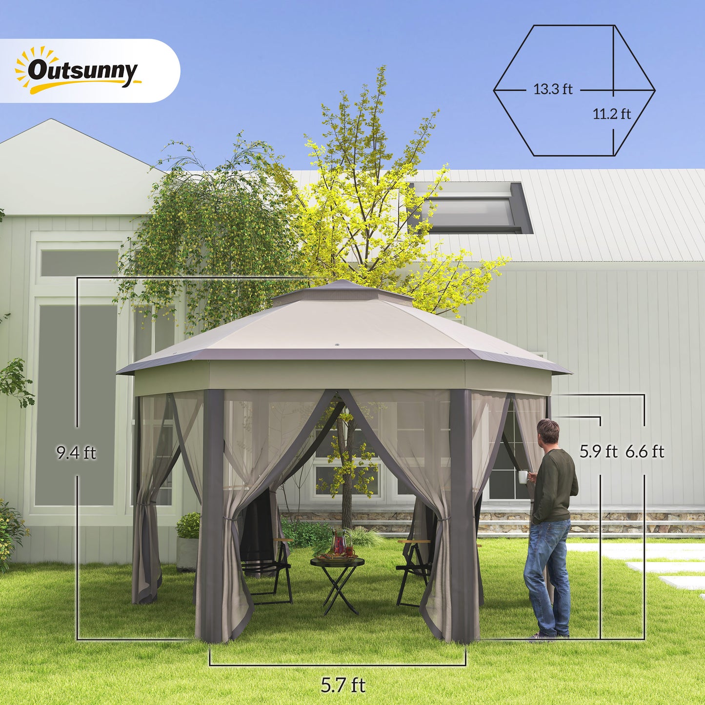 13' Hexagonal Pop Up Gazebo Canopy with Mesh Sidewalls - Coffee, Beige