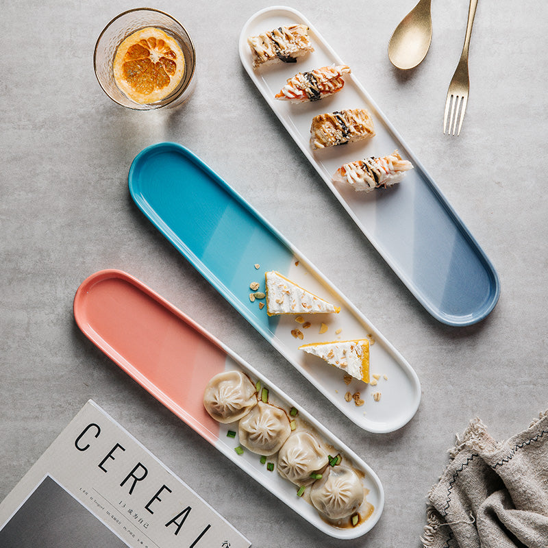 Japanese Ceramic Sushi Plate - Long Rectangular Porcelain Serving Dish