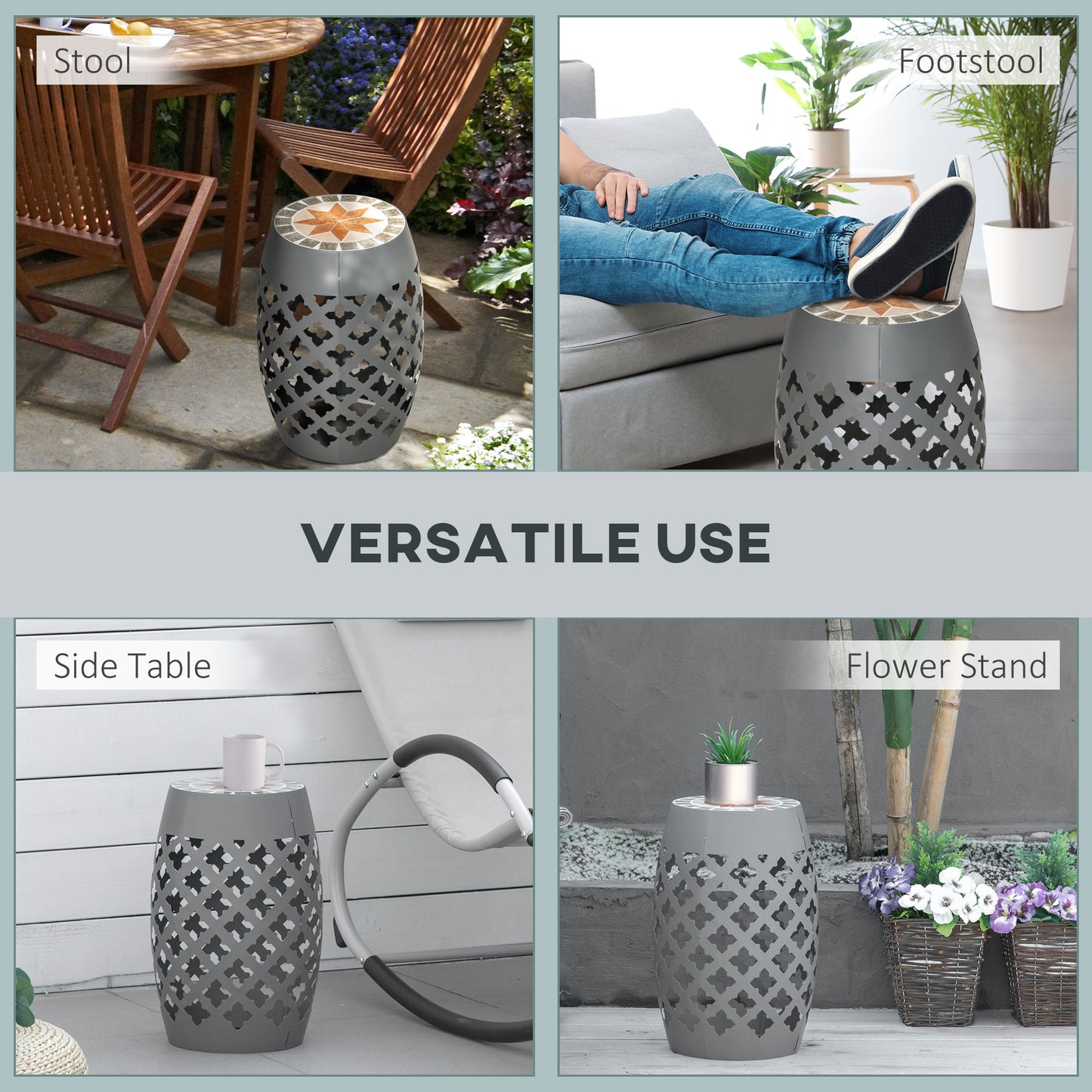 Round Mosaic Outdoor Stool - Gray Ceramic Accent Table