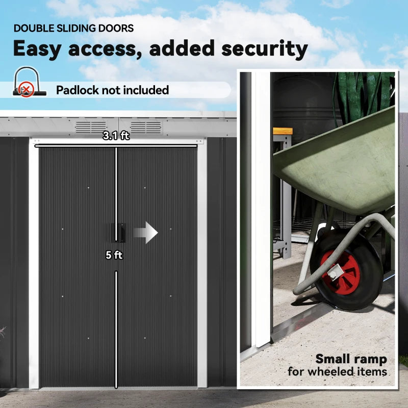Galvanized Steel Outdoor Storage Shed with Lockable Double Doors - Gray