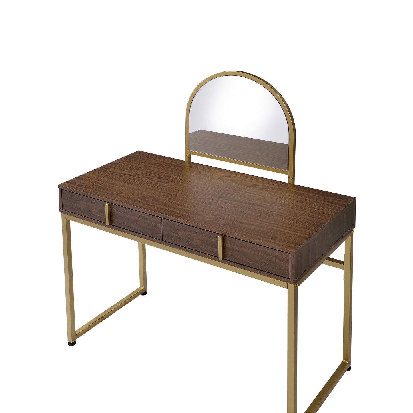 Walnut & Gold Finish Vanity Desk with Mirror & Jewelry Tray