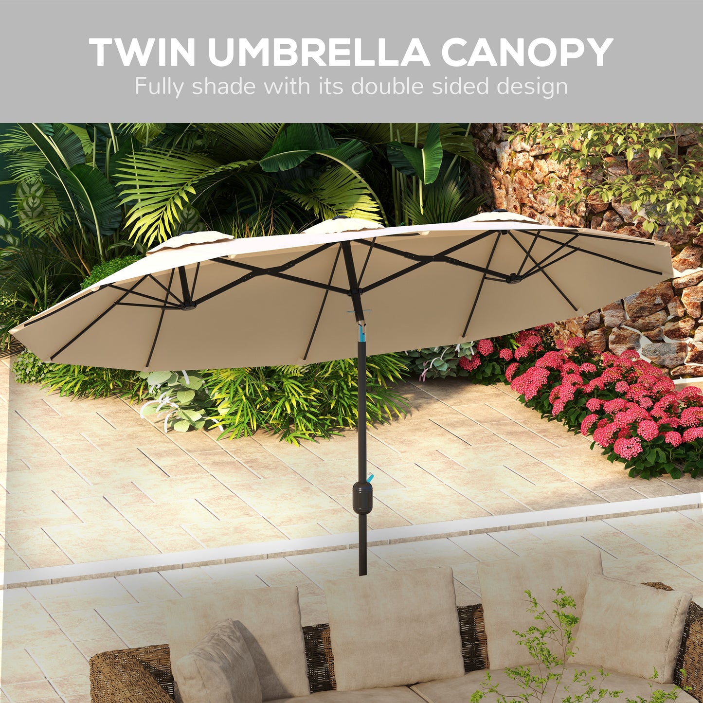 Large Double-Sided Patio Umbrella with Tilt & Crank - Brown
