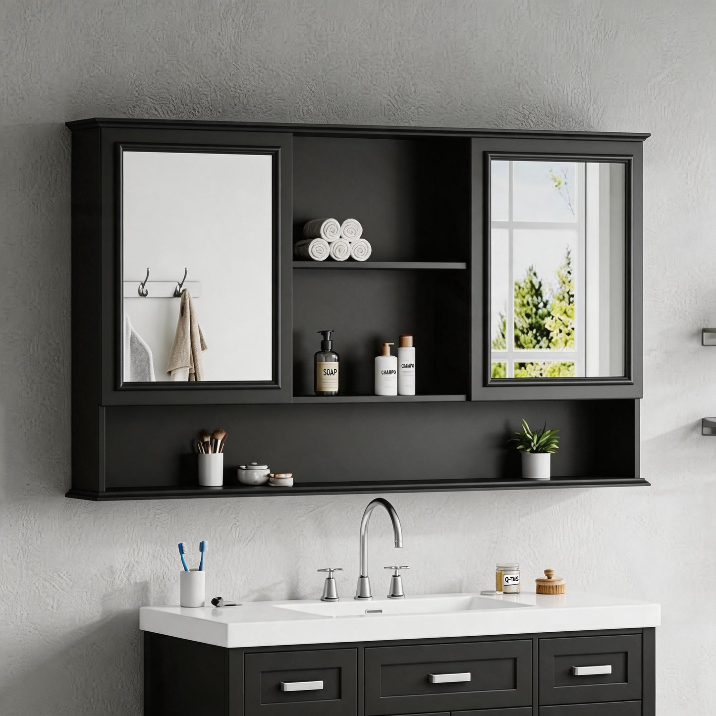 60" Wall-Mounted Bathroom Medicine Cabinet with Mirrored Doors