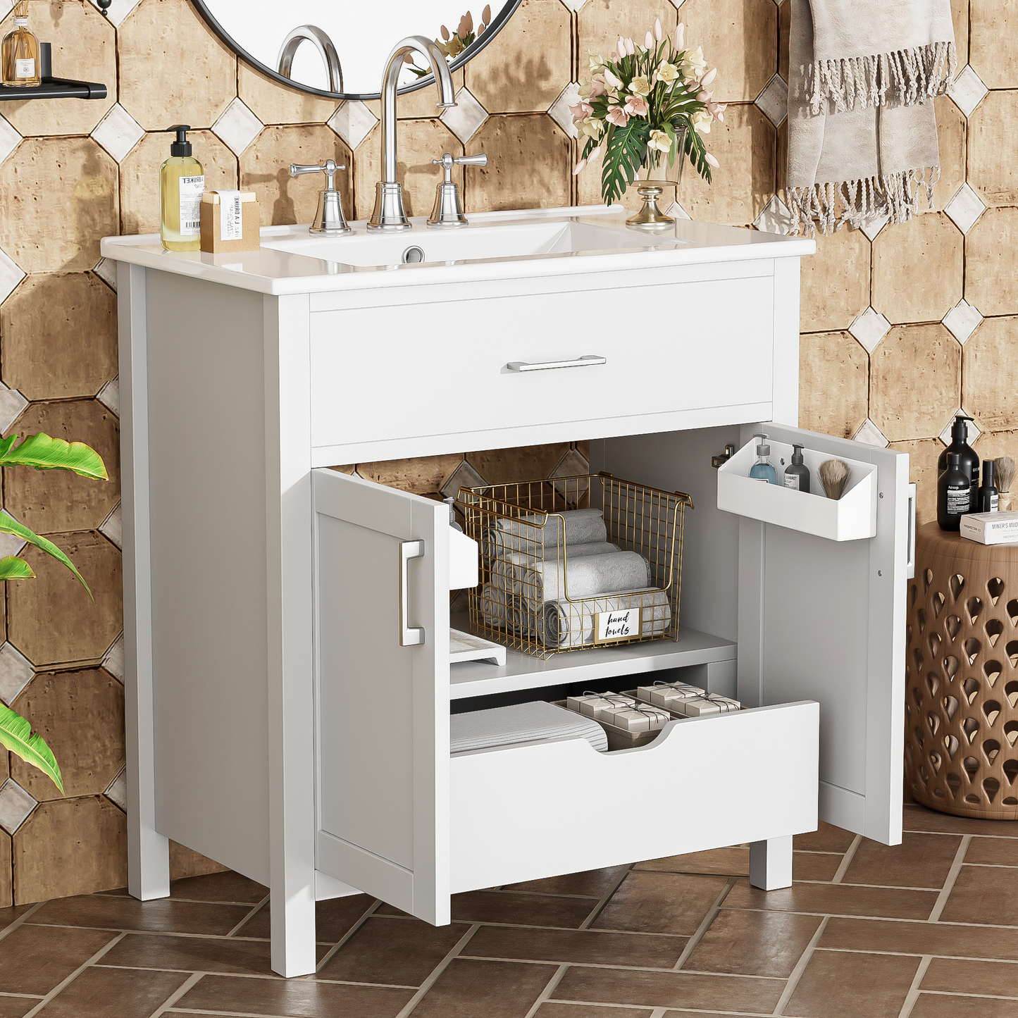 30-Inch Bathroom Vanity with Ceramic Sink & Ample Storage - White