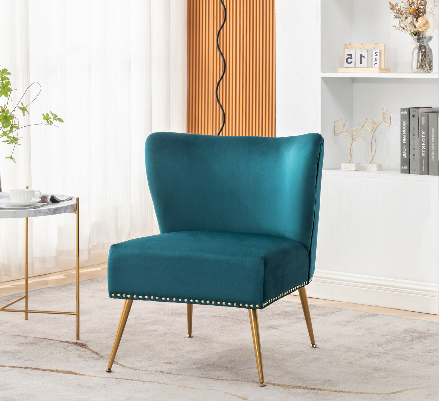 Printed Cloth Accent Chair, Armless Slipper Chair With Metal Legs,