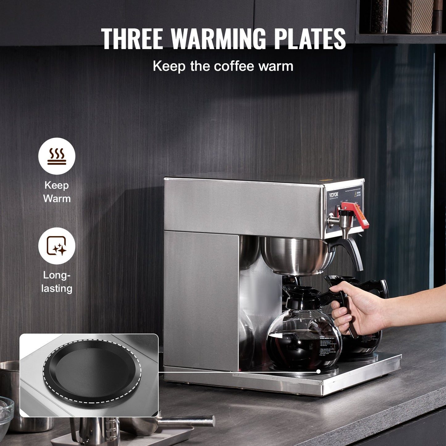 12-Cup Commercial Drip Coffee Maker with 3 Glass Carafes and Warmers - Silver