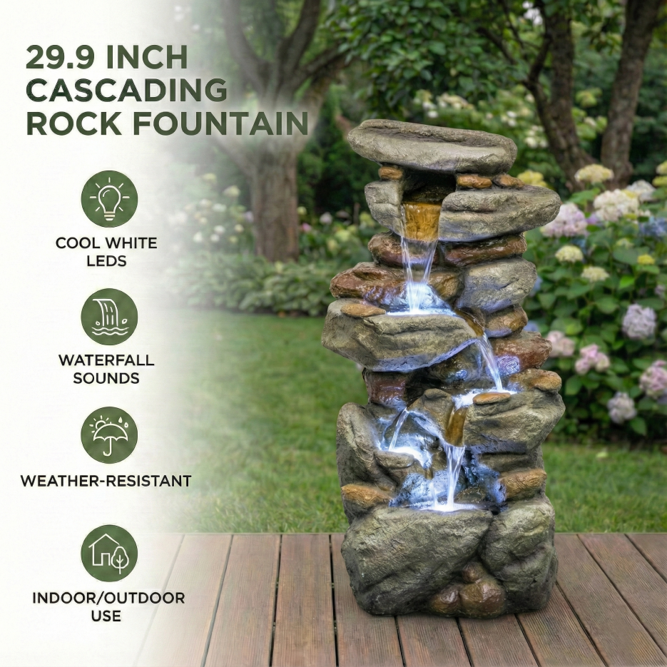 Large Outdoor Water Fountain with LED Lights - Stone-Style Garden Decor 30in