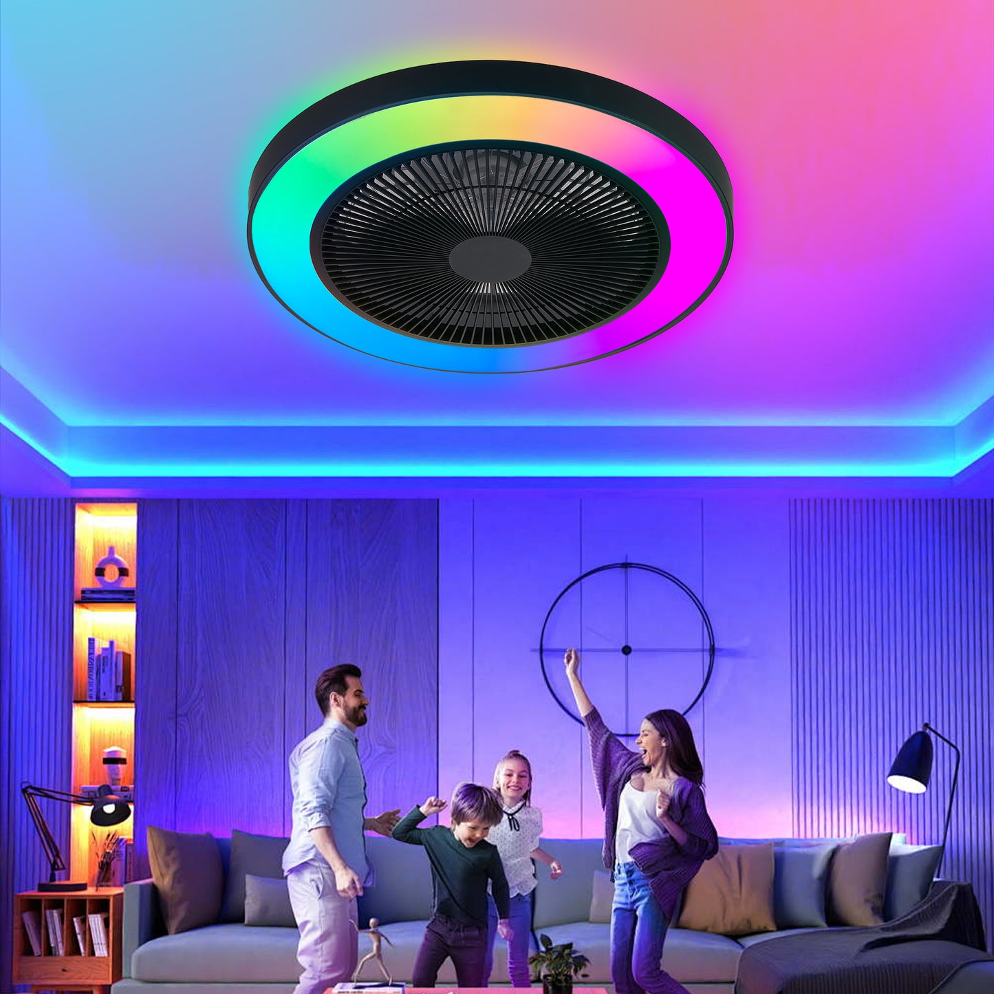 19-Inch Black Ceiling Fan Light with RGB LED & Remote Control