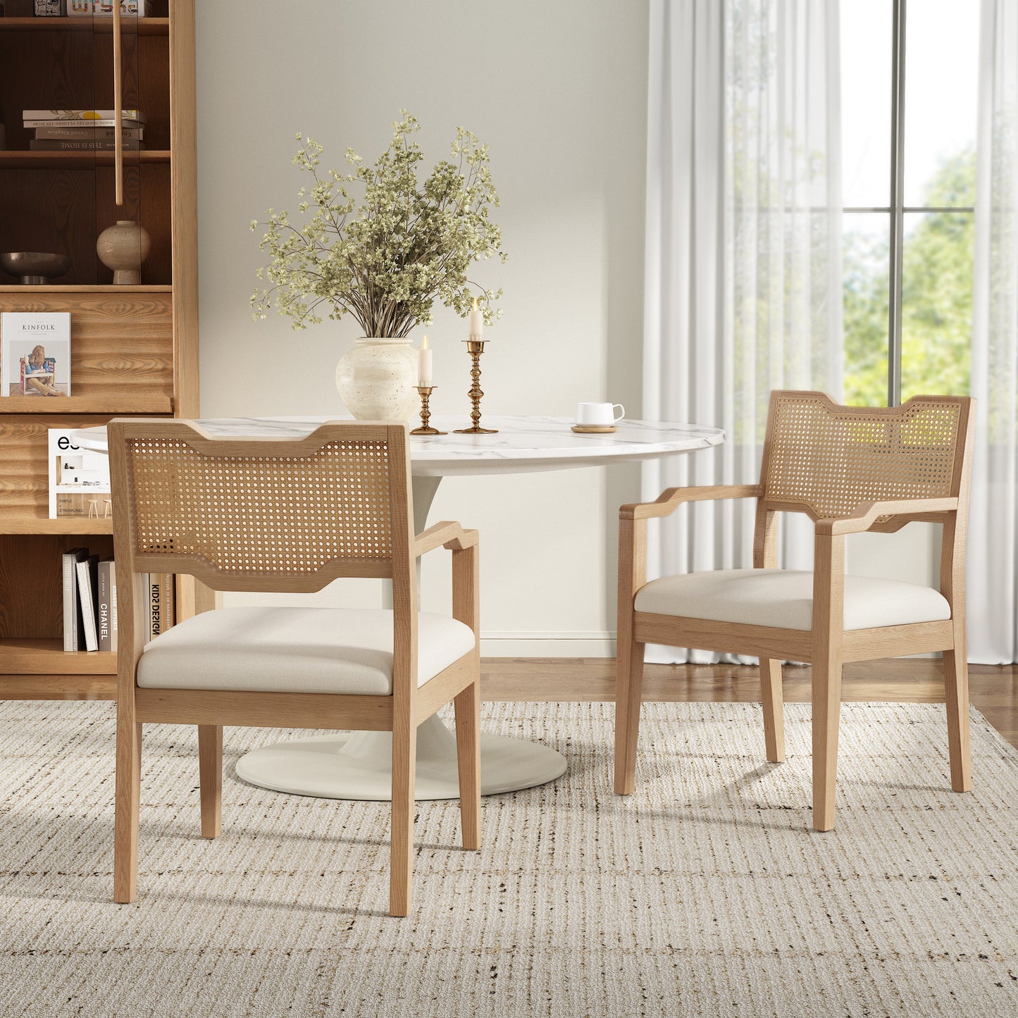 Upholstered Dining Chairs Set of 2 with Rattan Backrest - Beige Natural