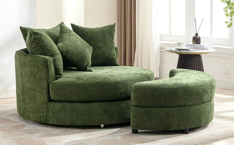 360° Swivel Accent Barrel Chair with Storage Ottoman & 4 Pillows - Green