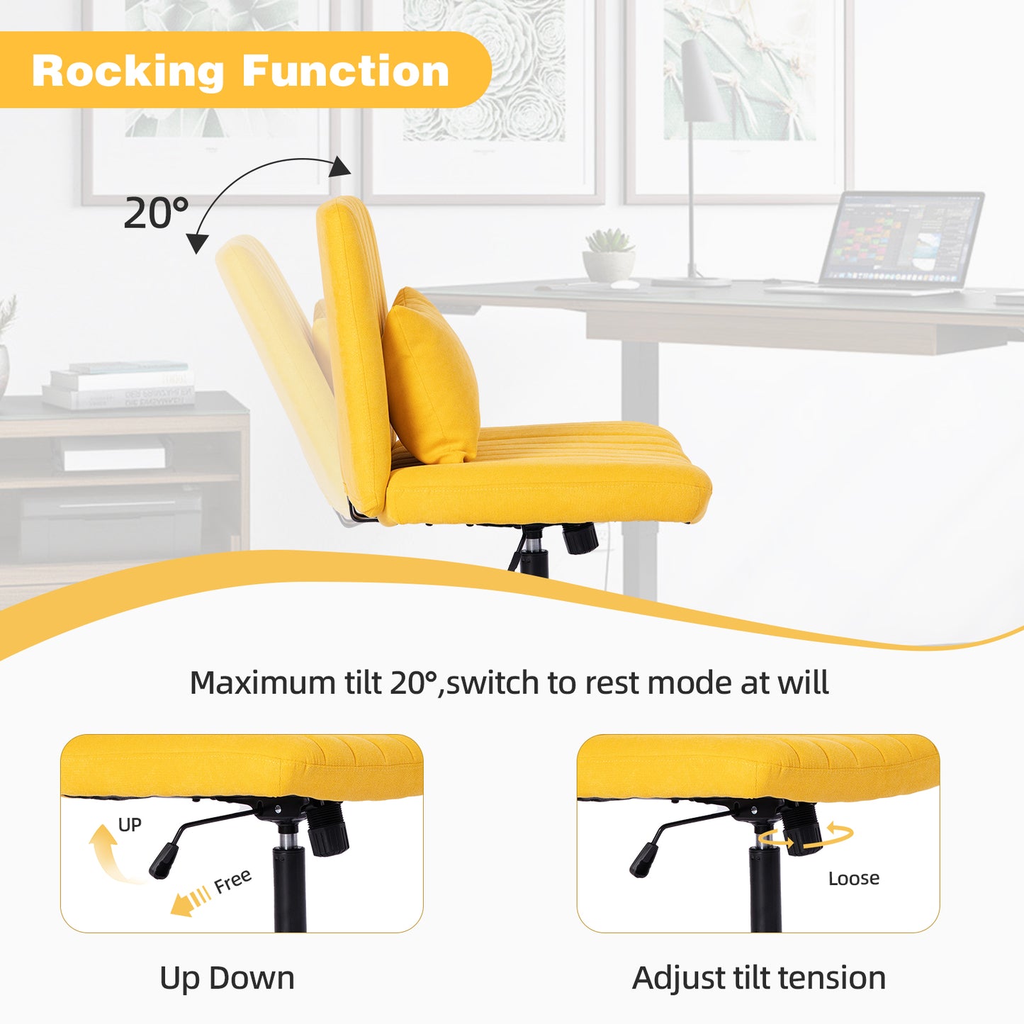 Yellow Linen Criss Cross Office Chair with Wheels - Ergonomic Design