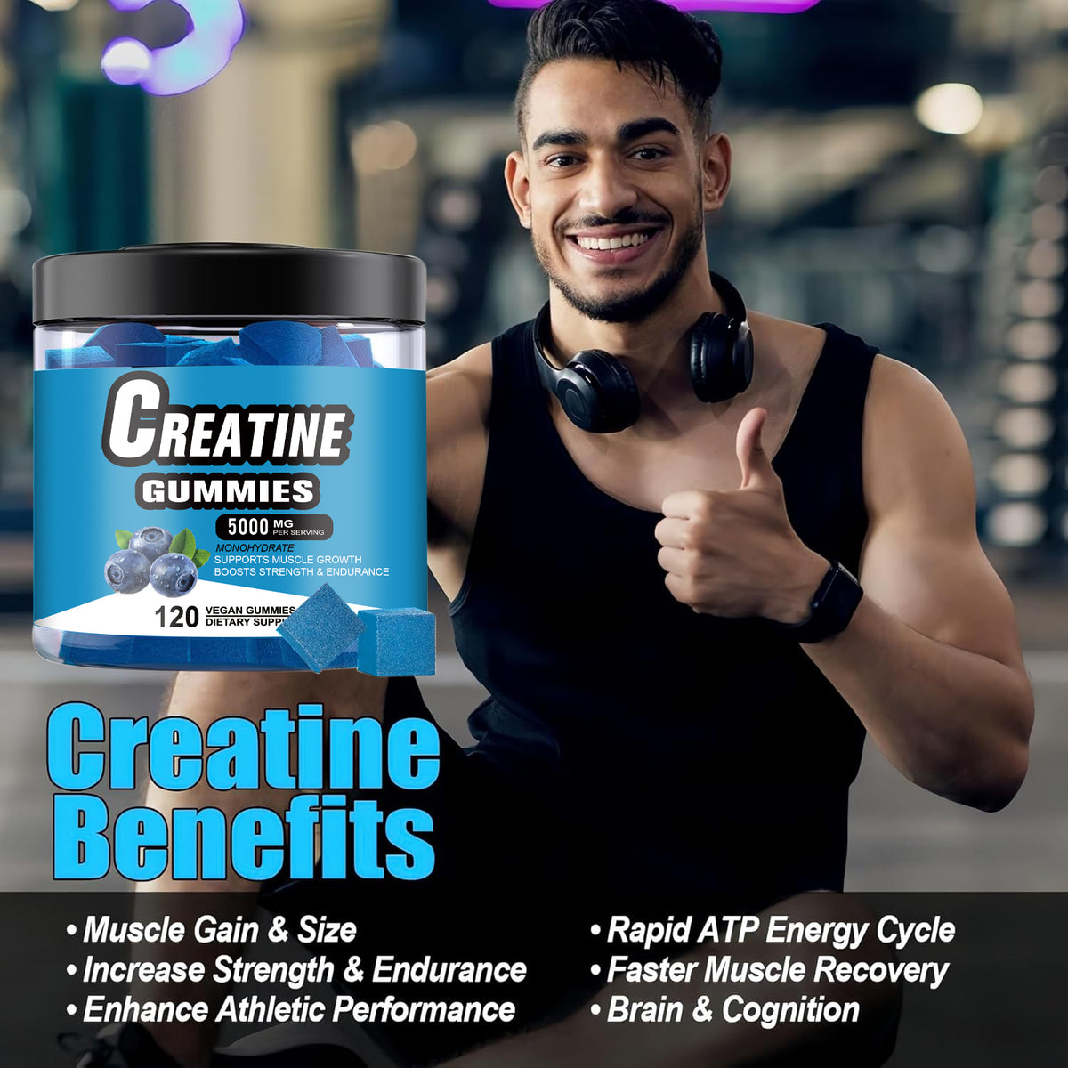 Creatine Monohydrate Gummies 5000mg Vegan Blueberry Support Muscle & Brain Health - 120 Gummies