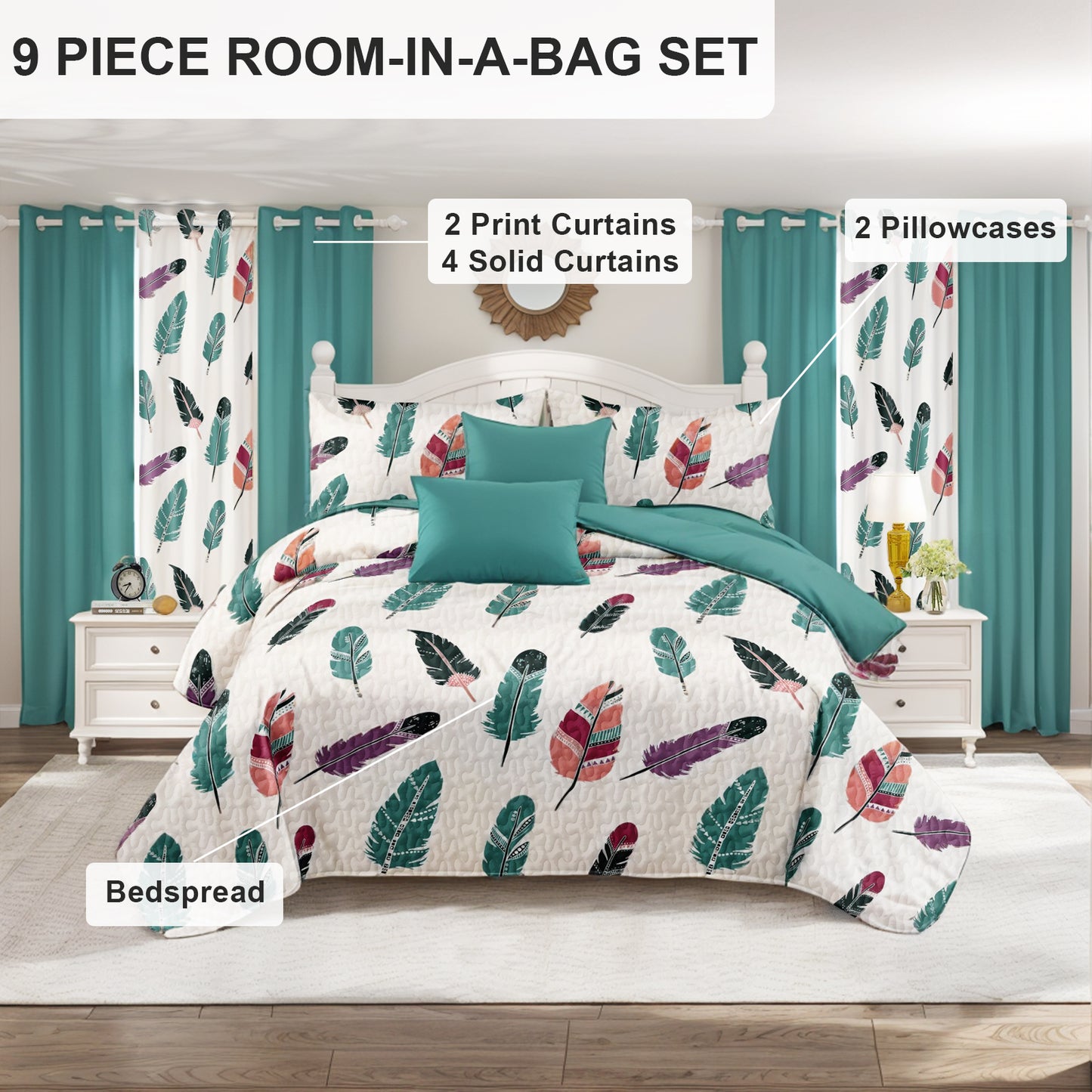 9-Piece Boho Feather Print Quilt & Curtain Set with Customizable Panels