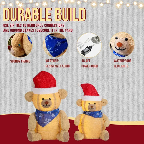 Set of 2 Lighted Plush Bear Christmas Decorations with 60 LED Lights