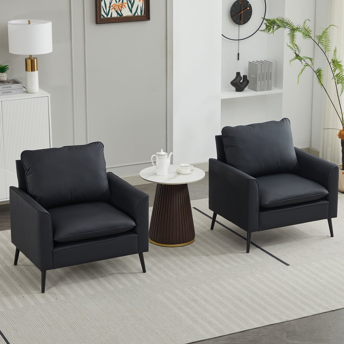 Black Leather Upholstered Single Sofa Chair - Nordic Retro Style