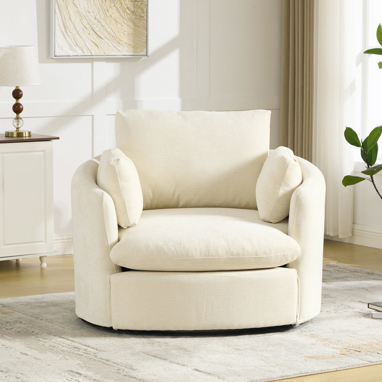 360° Swivel Barrel Chair with Chenille Fabric & 3 Pillows - Beige