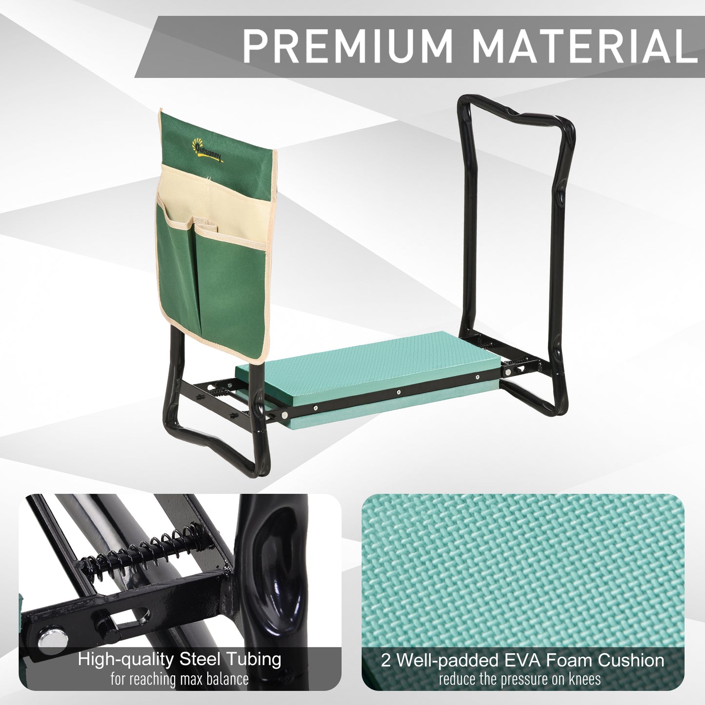 Garden Kneeler Seat Stool with Tool Pouch - Folding Gardening Bench, Green