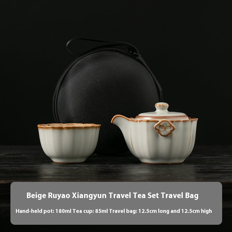 Ceramic Tea Cup Set with Travel Bag - One Pot and One Cup, Retro Style