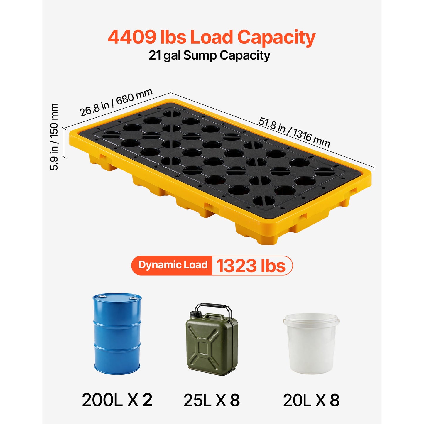 Heavy-Duty Spill Containment Pallet for Drums - 21 Gallon Capacity, 52" x 27", Yellow