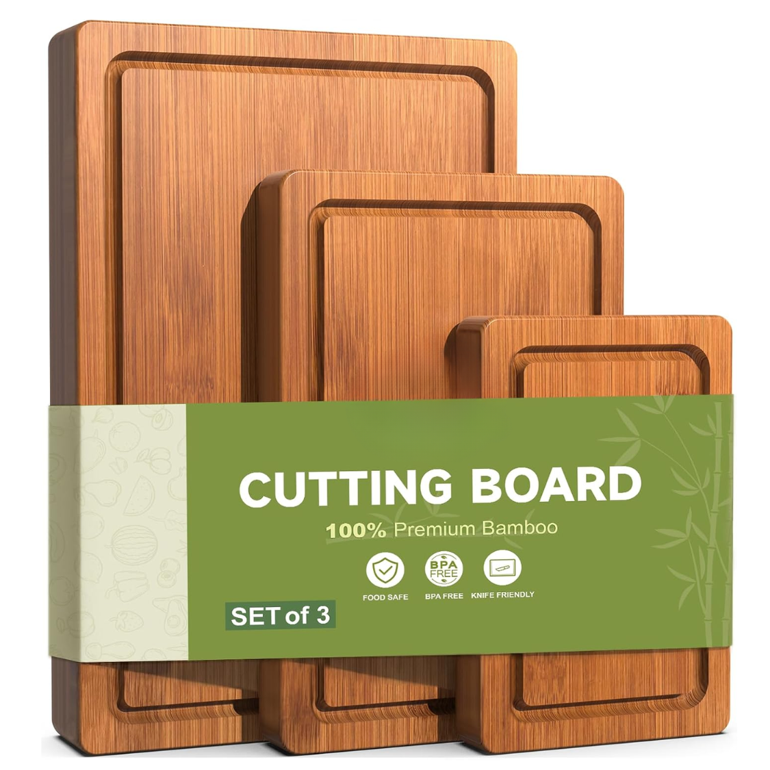 3-Piece Bamboo Cutting Board Set - Deep Carbonized & Juice Grooves