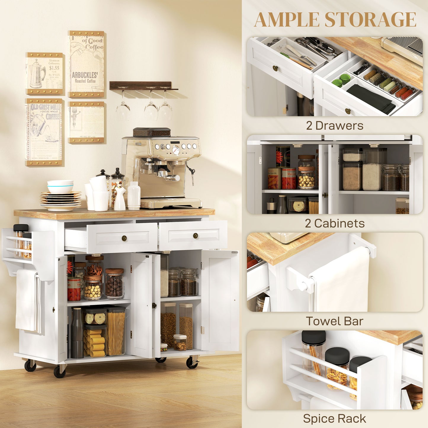 Mobile Kitchen Island Cart on Wheels with Storage - White