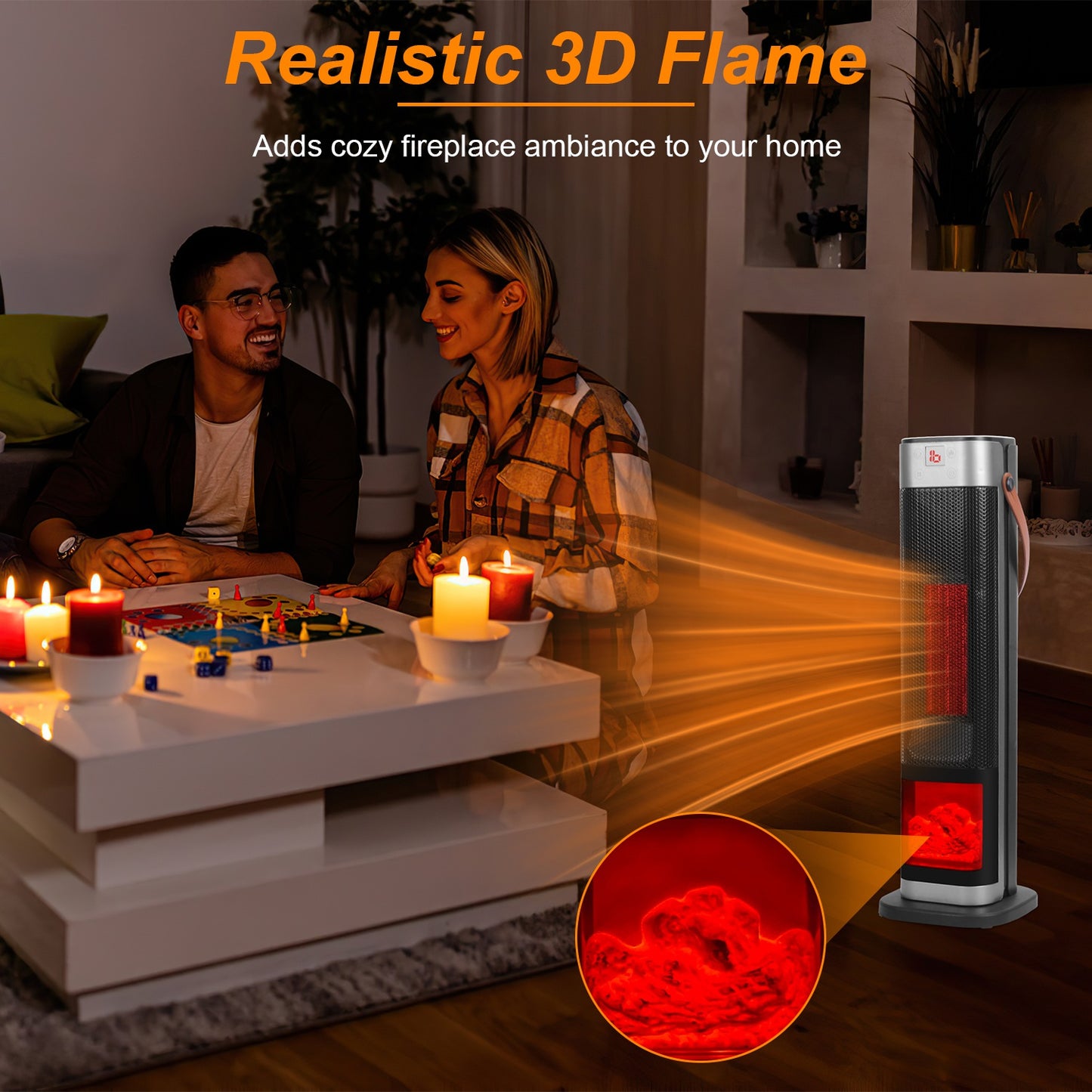 1500W Oscillating Space Heater with 3D Flame Effect, Remote, Timer, Black
