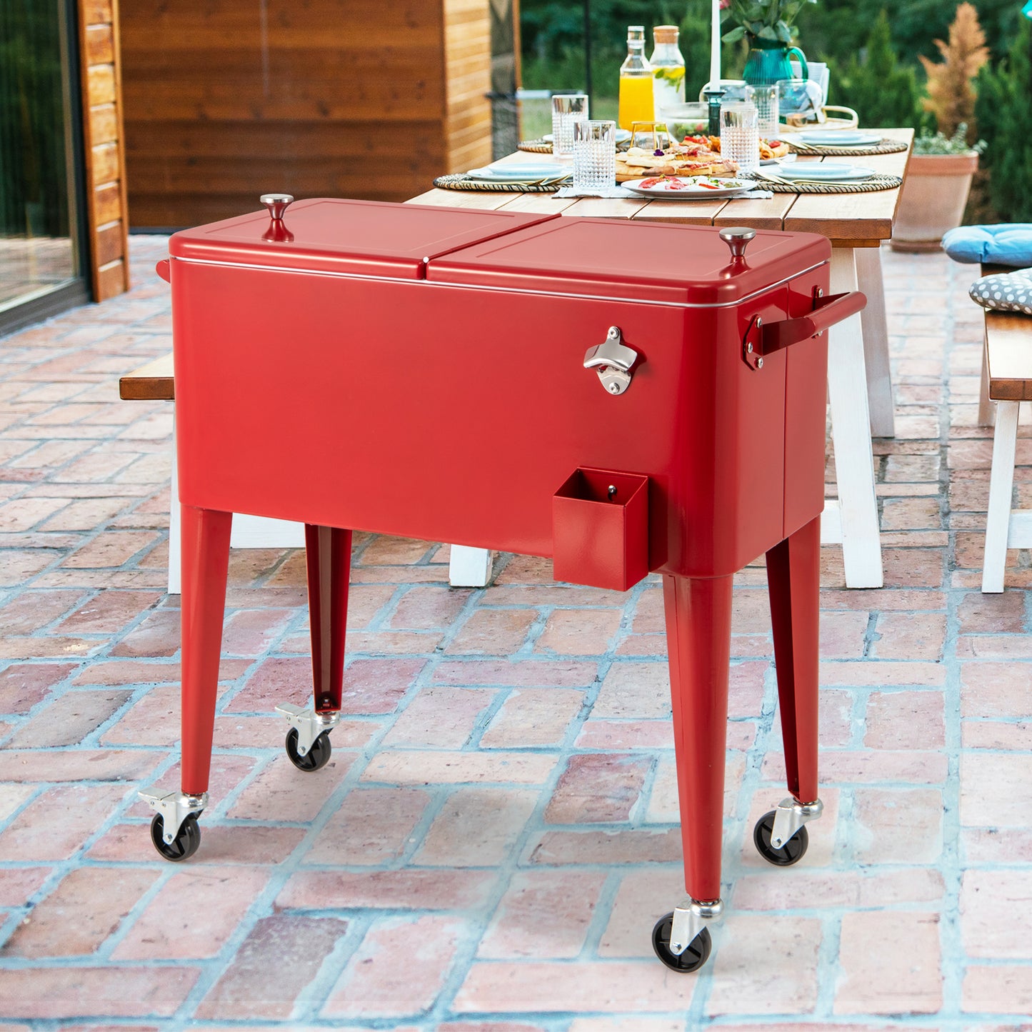 80 Quart Red Portable Outdoor Cooler Cart with Wheels