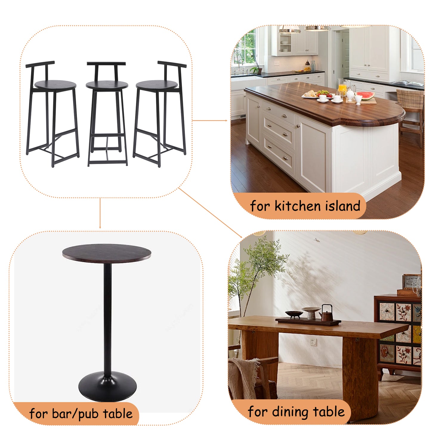 27" H Barstool Set of 3 Wooden Counter Stools with Footrest - Black