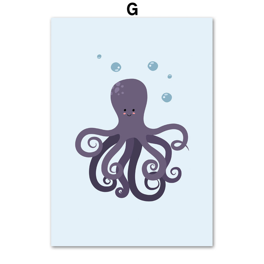 Alphanumeric Octopus Jellyfish Wall Art Canvas Painting for Home Decor