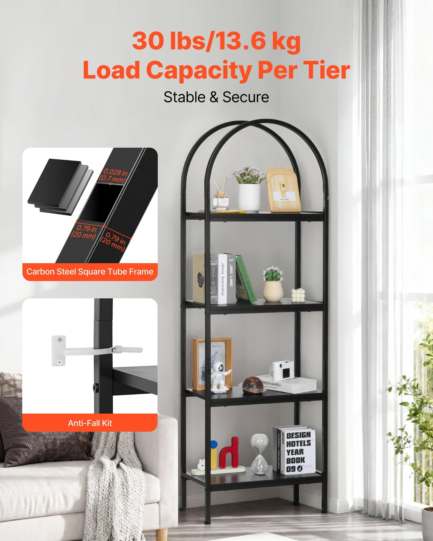 4-Tier Open Bookshelf with Metal Frame - Tall Industrial Bookcase for Office & Living Room, Black