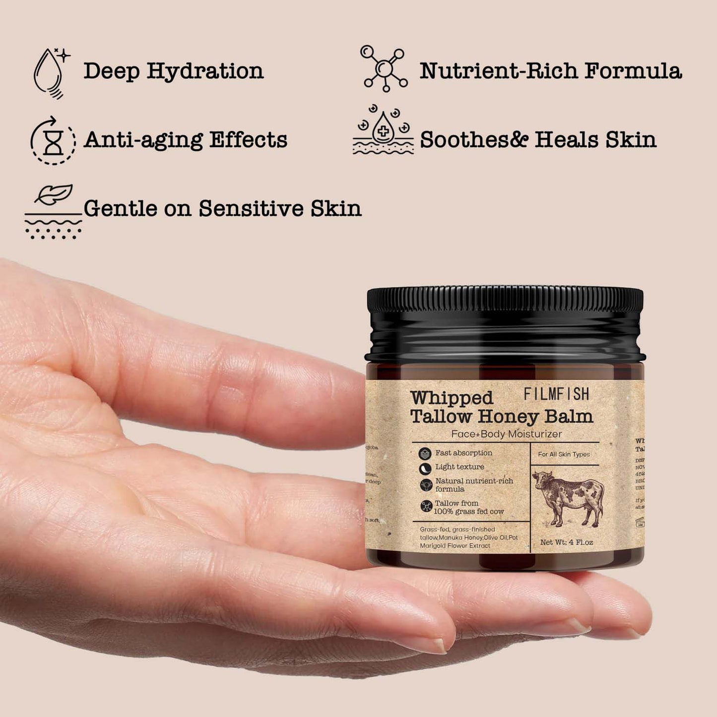 Bee Grass-fed Tallow Facial Cream - 120g Natural Skin Care for All Skin Types