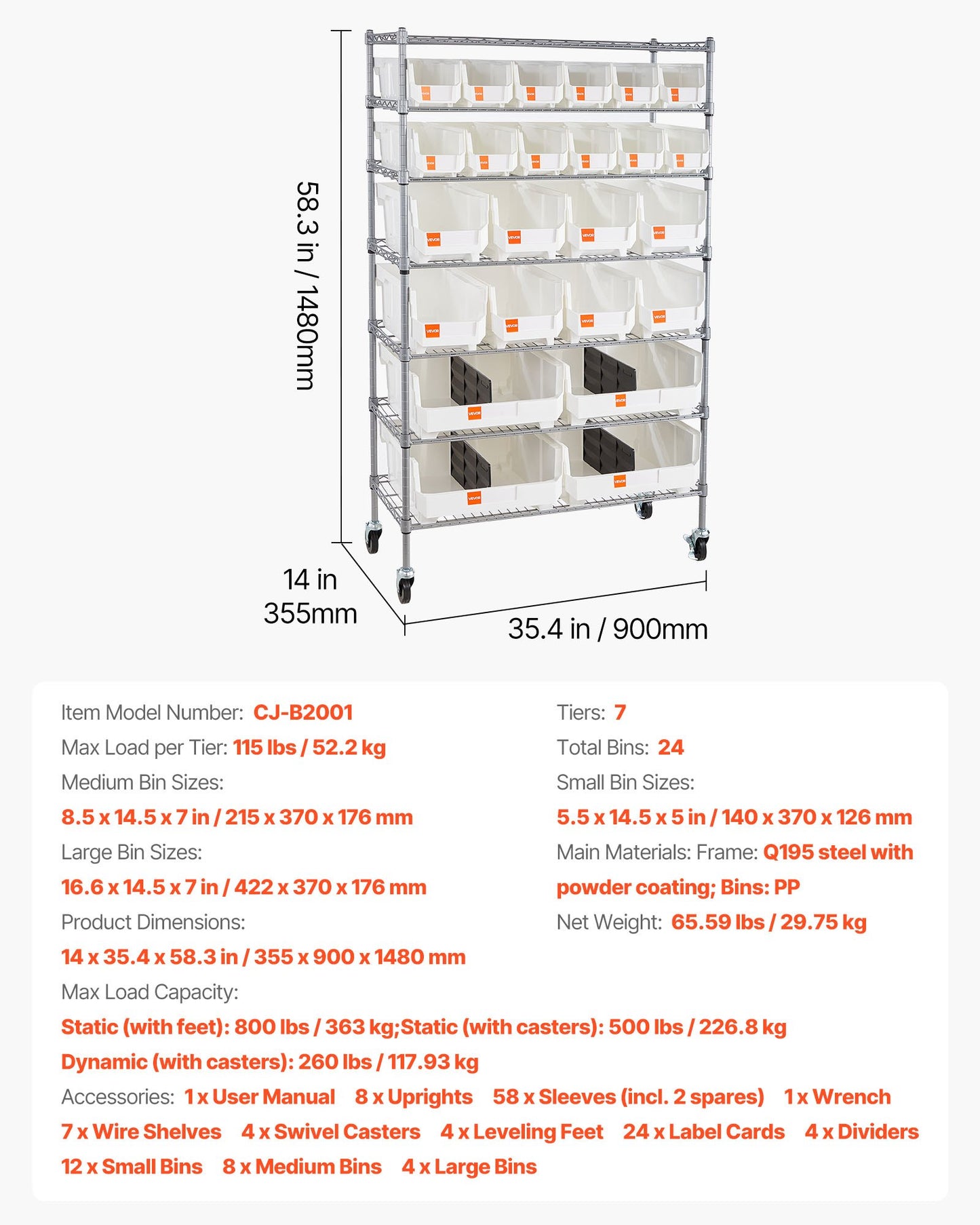 7-Tier Rolling Storage Rack with 24 Bins - Mobile Steel Wire Shelving for Garage and Workshop