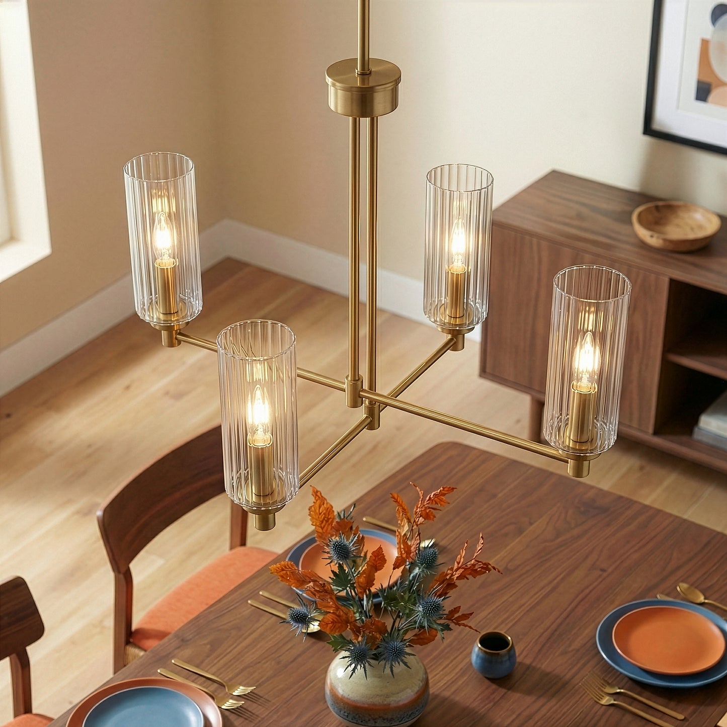 Enigma Four Lights Chandelier With Clear Ribbed Glass -Satin Brass