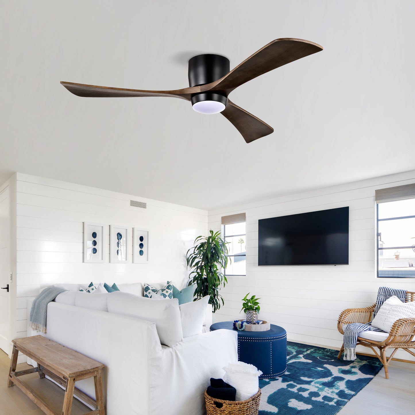 52" Flush Mount Ceiling Fan with Lights & Remote Control - Matte Black