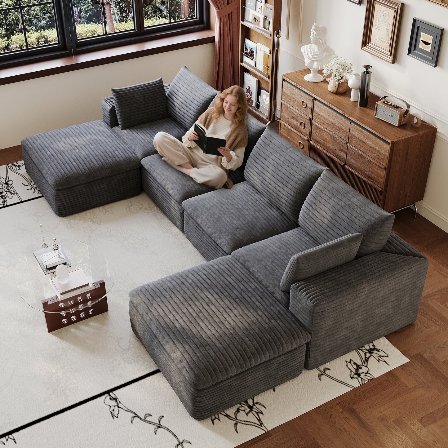 134" Cloud Sofa - Corduroy Fabric, Deep Seat Couch, Dark Grey