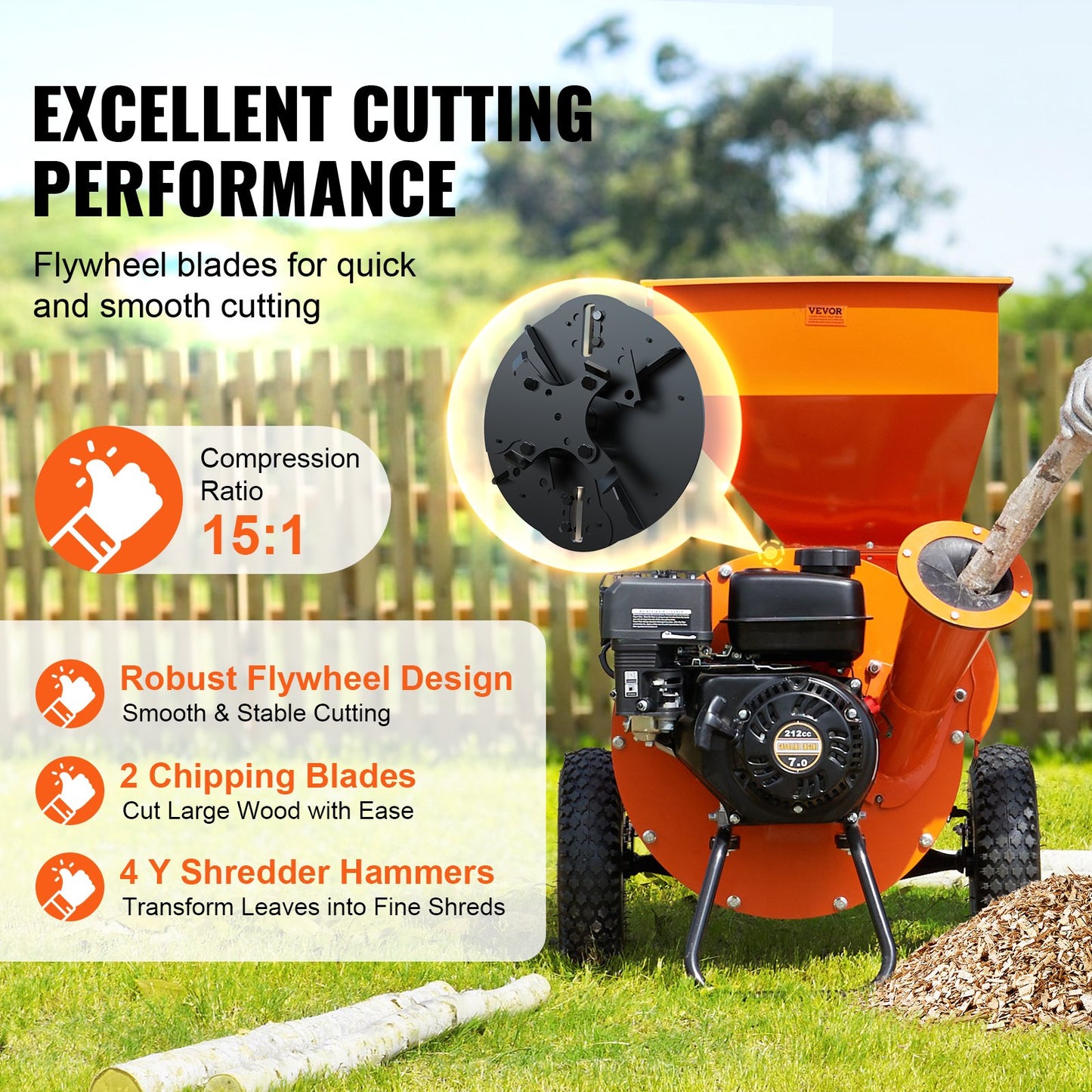 Heavy Duty Gas-Powered Wood Chipper Shredder Mulcher 7HP 3-In-1 Garden Equipment